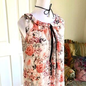 Retro Y2K Dress Floral Orange Multi with Peter Pan Collar & Black Velvet Tie (S)